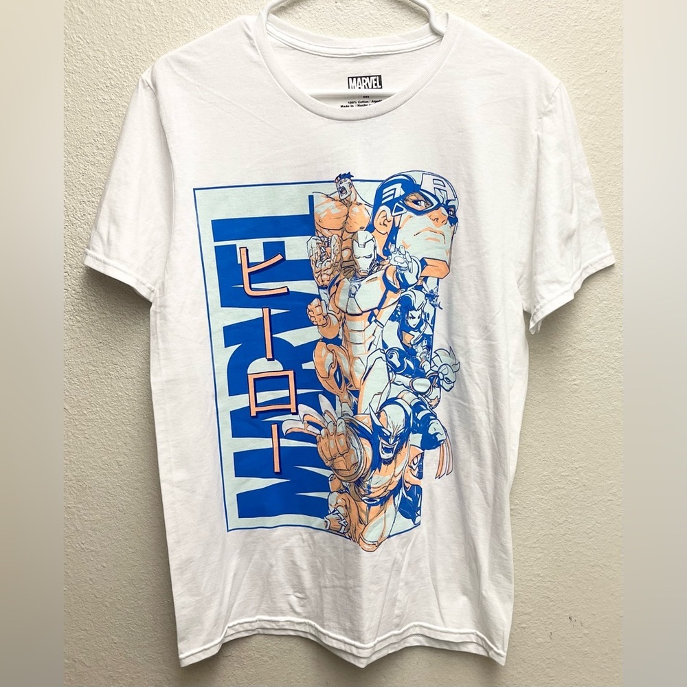 NWOT Marvel Super Heroes Mens White Shirt "KIAI" Anime Style Avengers X-Men SZ M